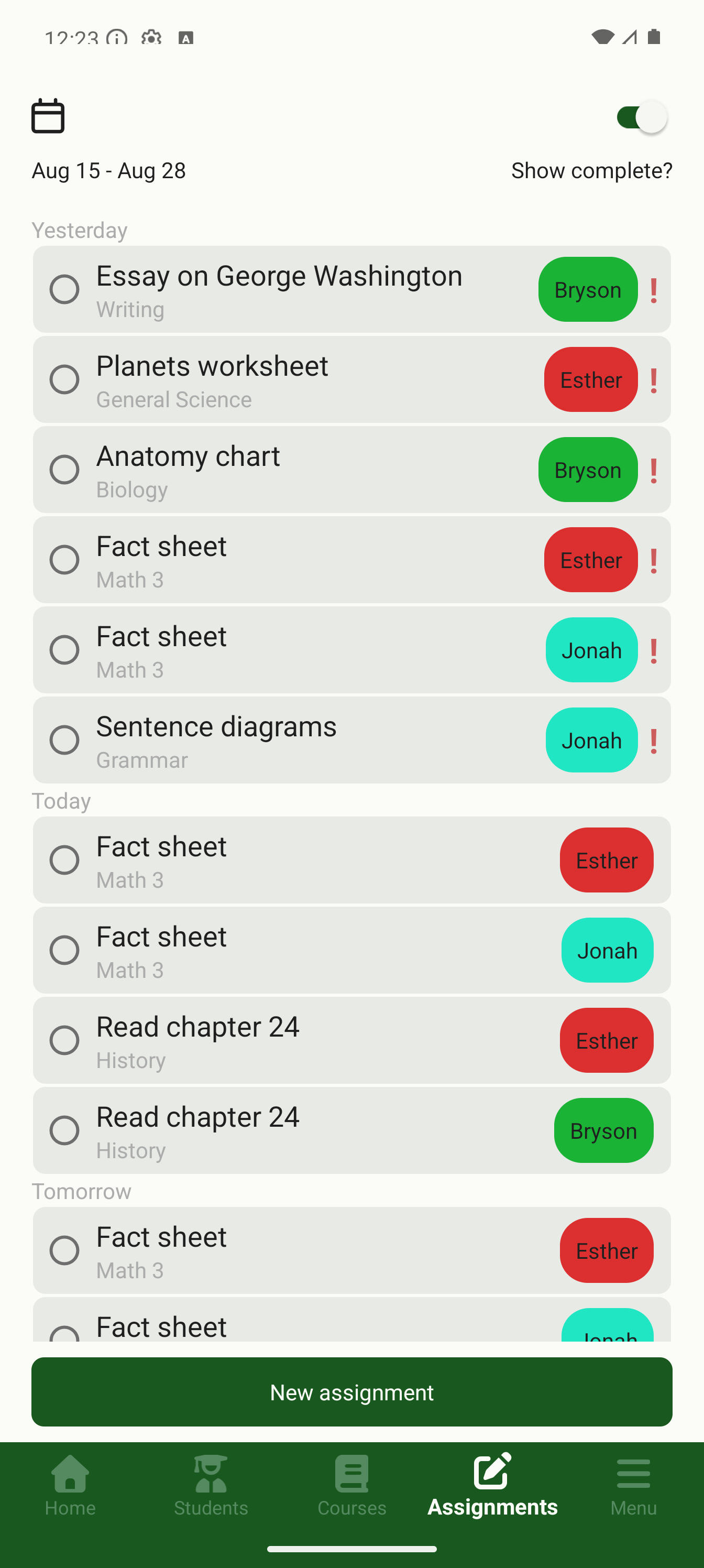 Homeschool Grove assignments screen organized by day
