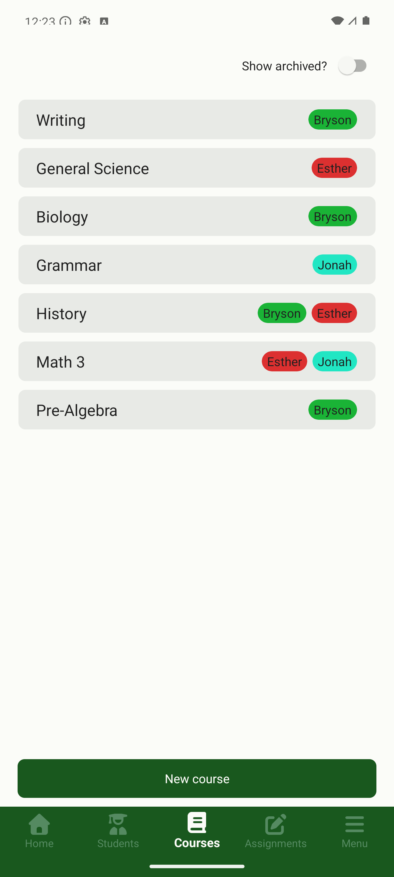 Homeschool Grove courses screen listing subjects and enrolled students