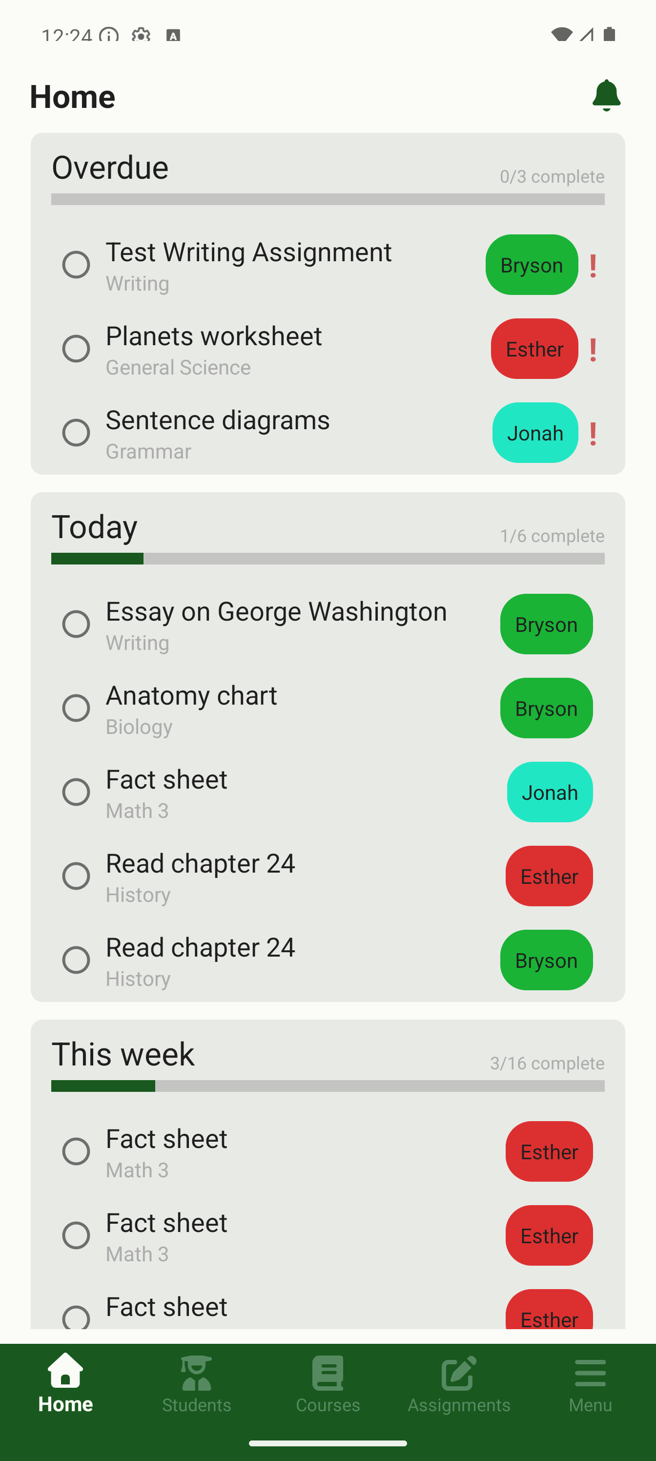 Homeschool Grove home screen showing overdue, today, and this week's assignments